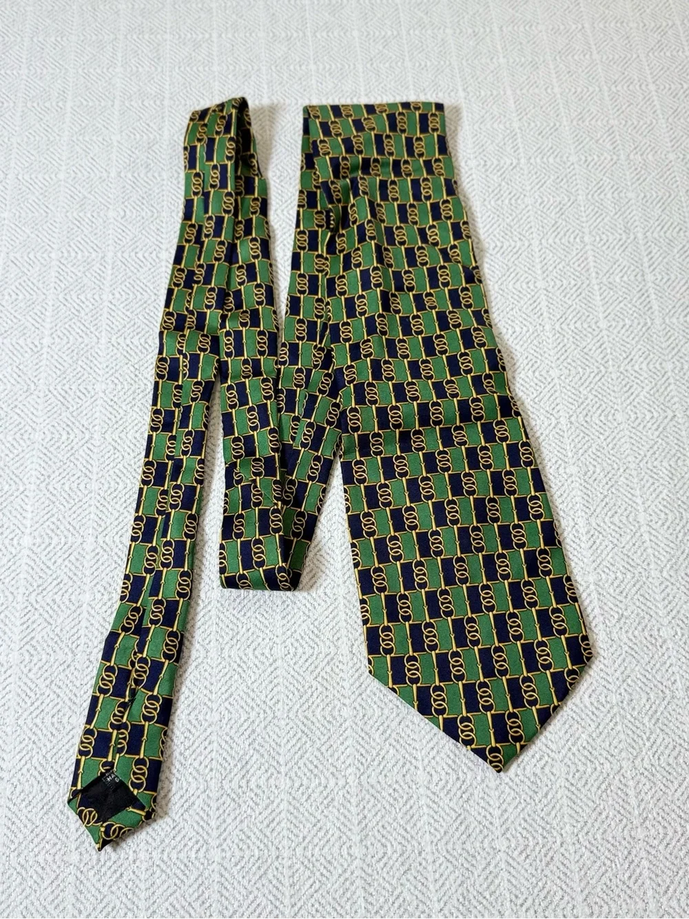 Vintage Paolo Gucci Geometric Logo Woven 100% Silk Tie Green/Navy/Gold One Size
